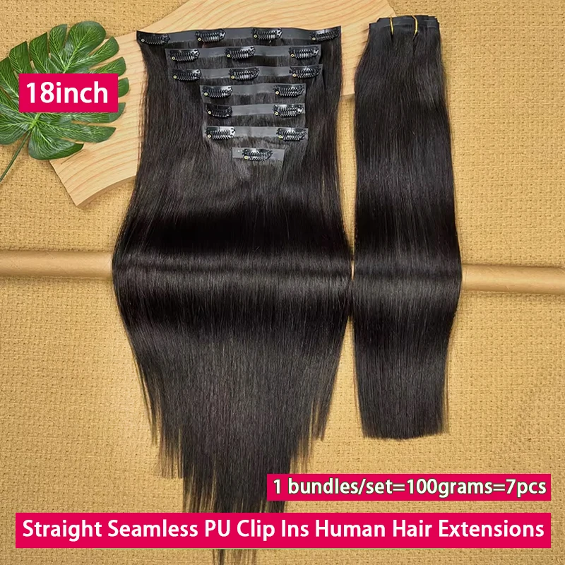 Clip dritta senza soluzione di continuità Ins Clip per capelli umani in PU nelle estensioni dei capelli Capelli umani Pelle invisibile Trama in PU Capelli vergini grezzi 7 pezzi / set 100g