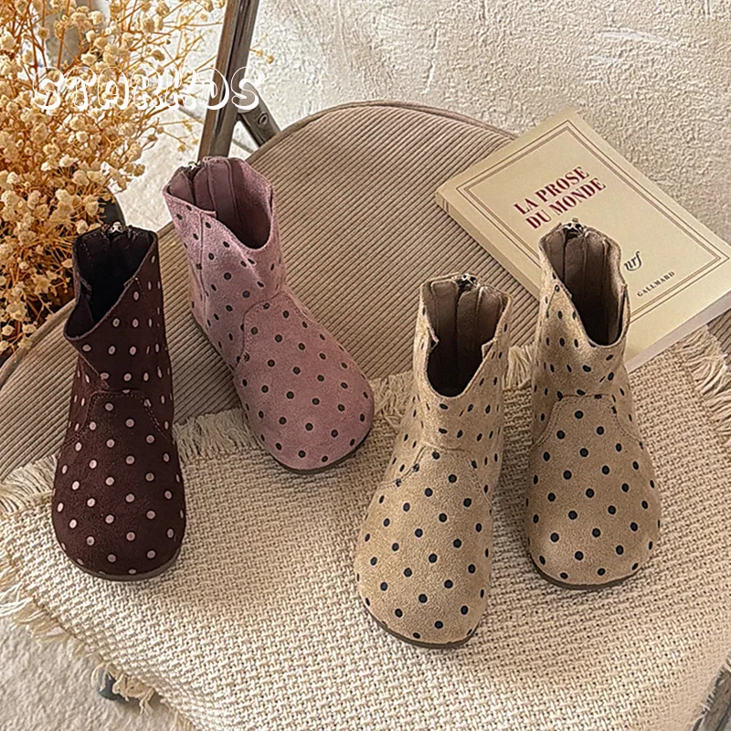 Polka Dots Suede Leather Short Boots Kid Girls Round Toe Back Zipper Flat Boots Baby Child Pink Khaki Autumn Soft Ankle Botas