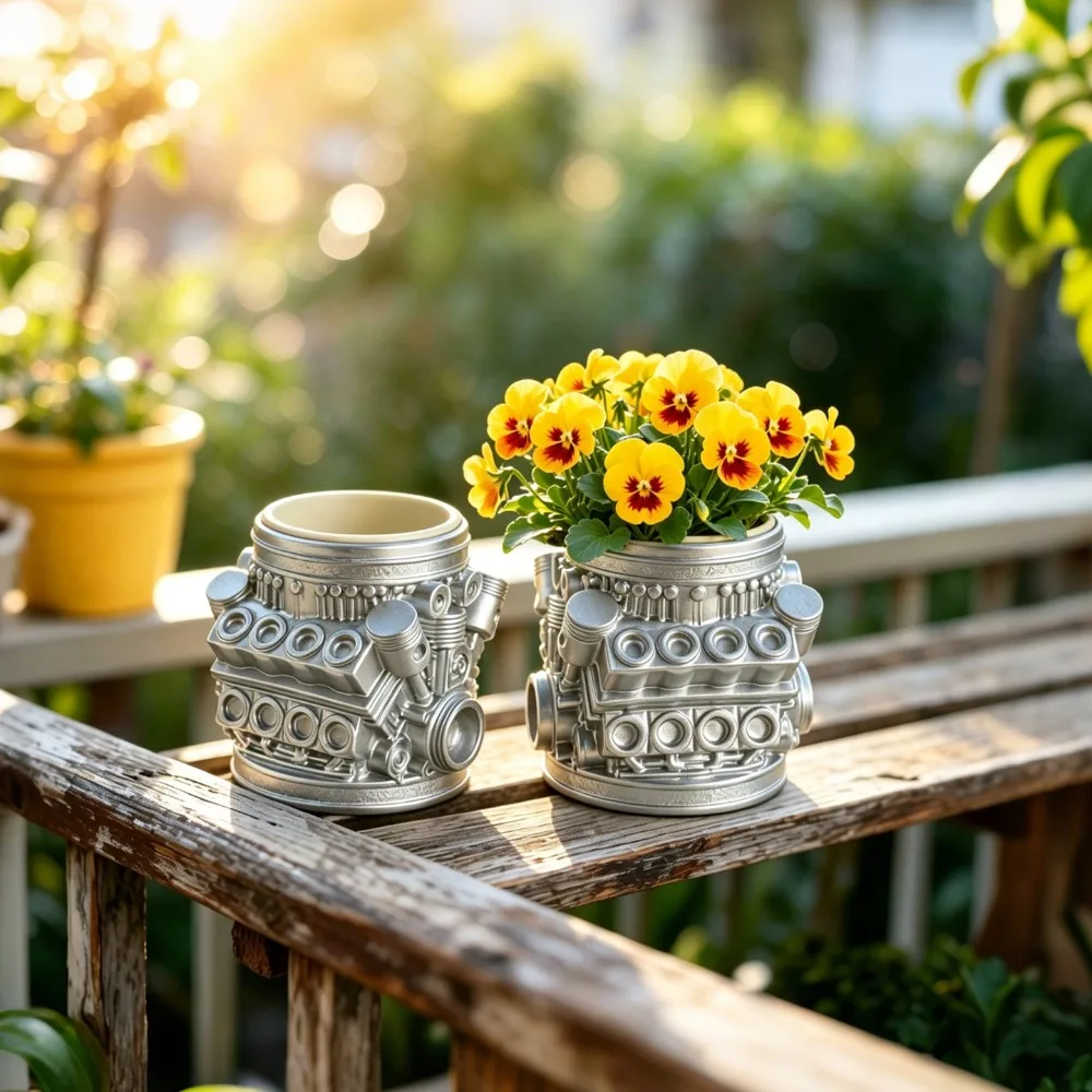 Mechanical Design Industrial Engine Planter Resin Silver Engine Block Planter Pot Simulated Pencil Holder Balcony