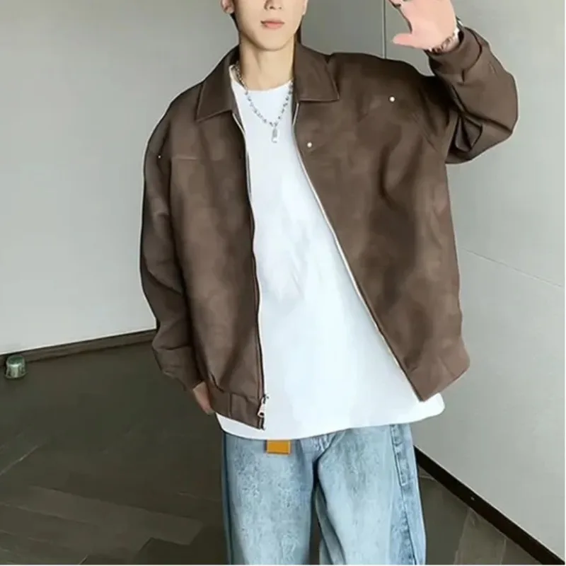 Men's Gray Cropped Zip Loose Leather Jacket American High End Vintage Lapel Fashion Minimalist Biker Jacket Outerwear