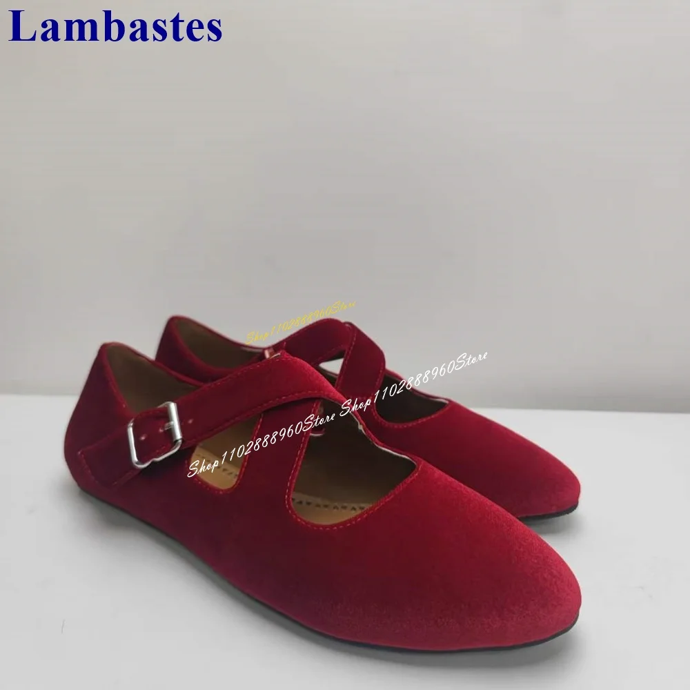 

Stylish Red Suede Cross Band Pumps Cover Heel Flat With Shoes For Women Buckle Strap Round Toe 2024 Fashion Zapatos Para Mujere