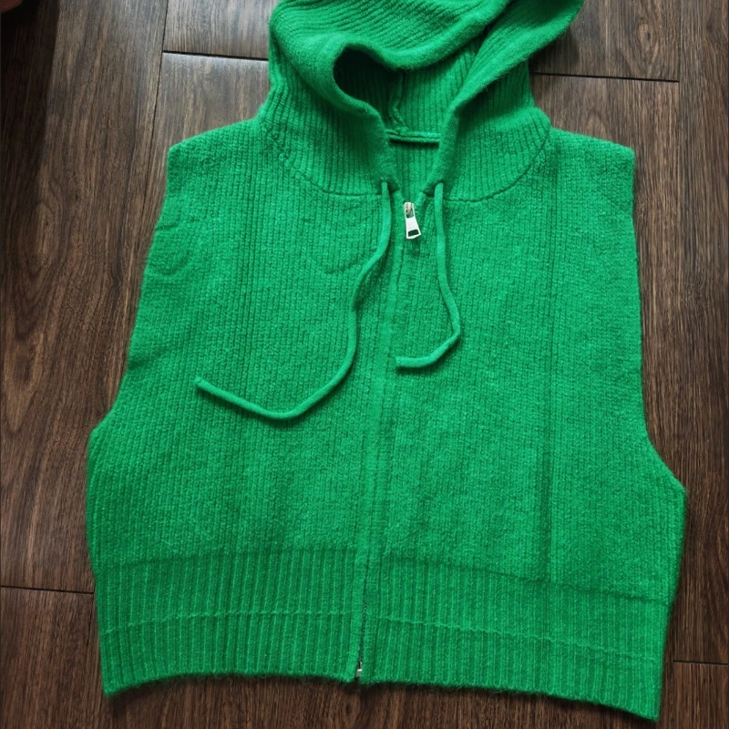 Hooded Sweater Vests Women Draw String Design Cropped High Street Comfortable Autumn Korean Style Vintage Knitting Casual Retro