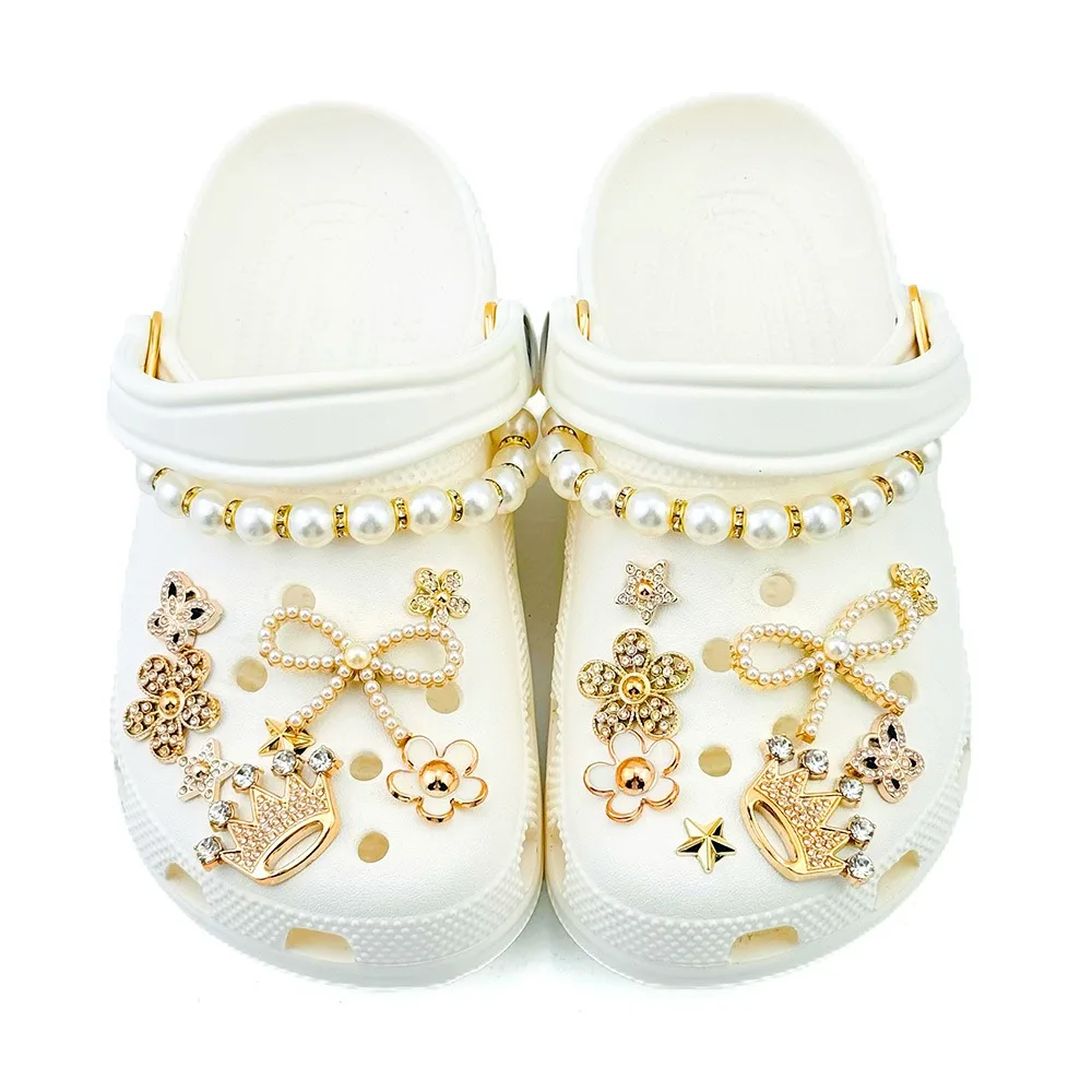 18PCS Summer Fashion Shoe Charms Set Accessories for Clogs Shoe Buckle Crown Diamond Pearl Chain DIY Shoes Decorations