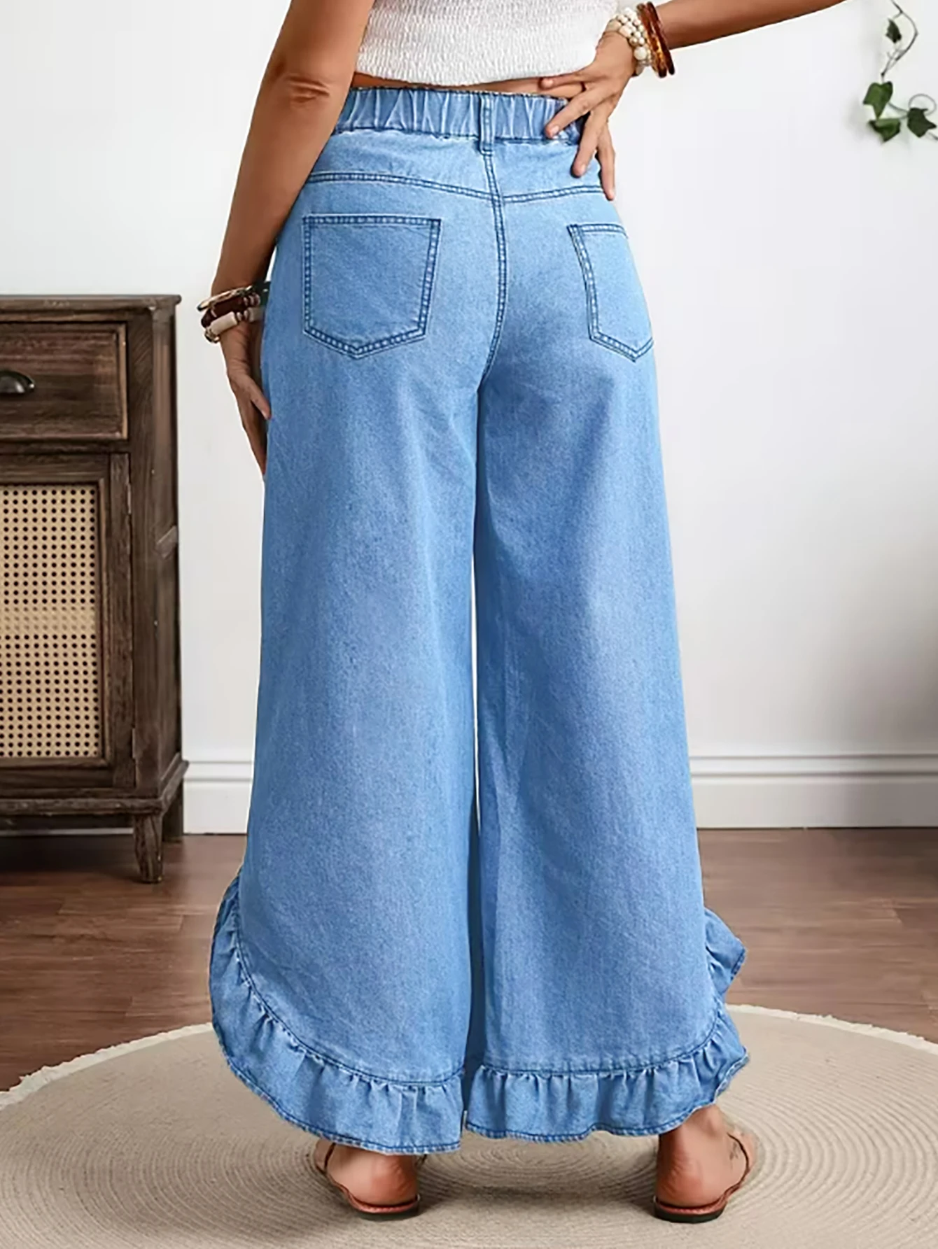 American Street Fashion Series: Solid Color, Elegant, Cute Casual, Denim Material, Women's Wide-Leg Denim Cropped Pants