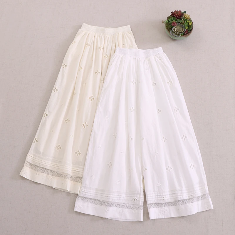 

Japanese Sweet Mori Girl Lace Embroidery Hollow Out Wide Leg Pants Women Summer New Elastic Waist Solid Color Casual Loose Pants