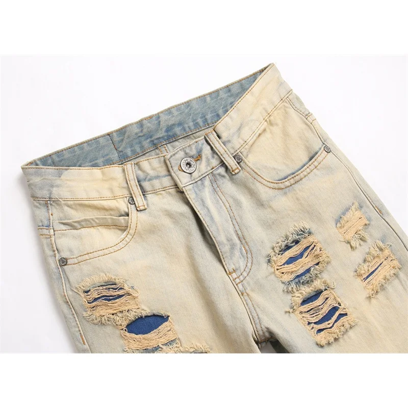 Retro Tattered Jeans Patch Multi-Pocket Zipper Jeans Men's Motorcycle Style Street Handsome Nostalgic Washed Slim Trousers