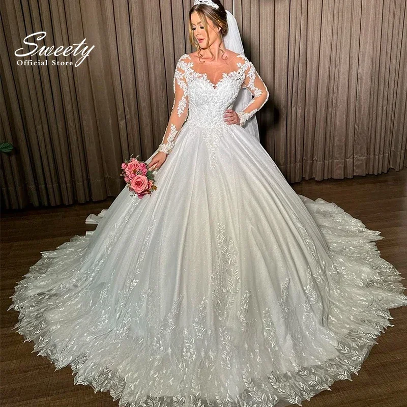 Vestido De novia elegante y glamuroso De Organza con bordado, Vestido De fiesta De princesa, manga larga, cuello redondo, Vestido De novia personalizado