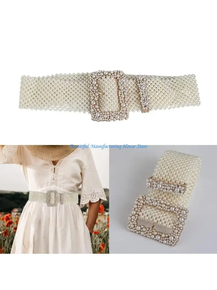 E56A Fashionable Corset Belt for Women Artificial Pearls Waist Belt for Winter Coat Casual Formal Waist Decorative Accessory