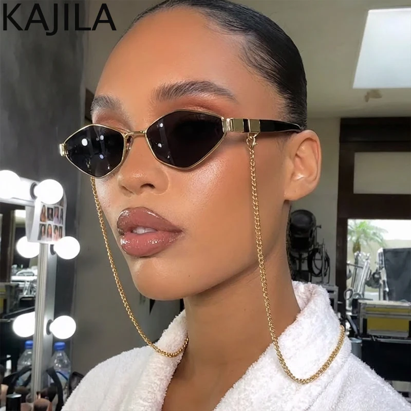

Small Hexagon Punk Sunglasses With Chain Women 2026 Luxury Brand Vintage Party Travelling Sun Glasses for Ladies Polygon Shades