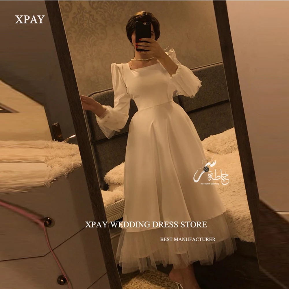 

XPAY Simple White A Line Evening Party Dresses Long Sleeves Square Neck Tulle Ankle Length Prom Gowns Formal Occasion Dres