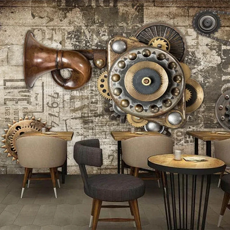 Custom Mural Wallpaper Retro Brick Wall Gear Bar Restaurant Background Wall Fresco Personality Home Interior Papel De Parede 3 D