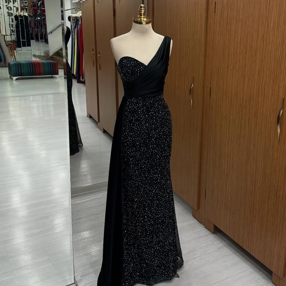 

Customized Sizes Available Sparkle Jersey Rhinestone Beading Ruched Straight One-shoulder Long Dresses Bespoke Occasion Dresses