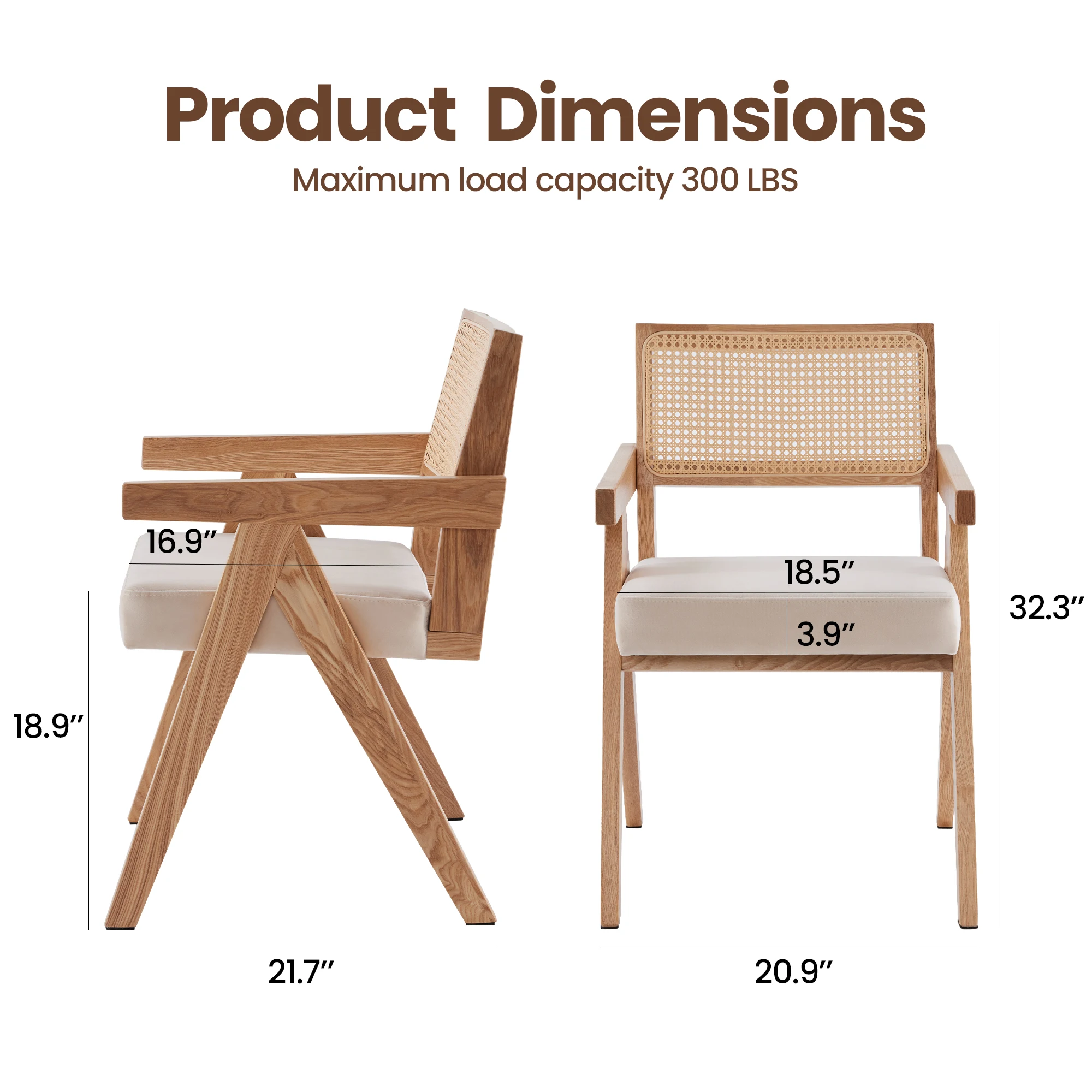 Set of 2 Mid-Century Rattan Dining Chair, Solid Ash Wood Frame, Woven Rattan Back, High-Resilience Foam, Non-Slip Pads view 2