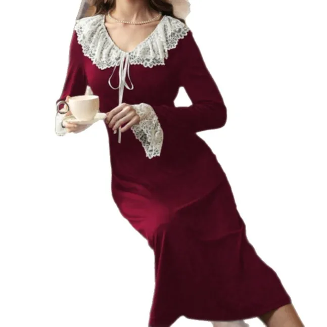 

Women Nightdress Black White Lace Peter Pan Collar Long Sleeve Ribbon Tie Vintage Elegant Soft Sleepwear Loungewear for Boudoir