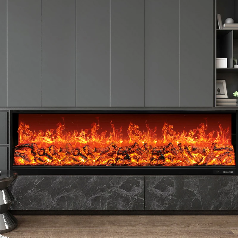 เตาผิงในร่ม 2D เปลวไฟจริงตกแต่งเตาผิงไฟฟ้าติดผนังไฟฟ้าแก้วโมเดิร์นเตาผิงถ่านไม้