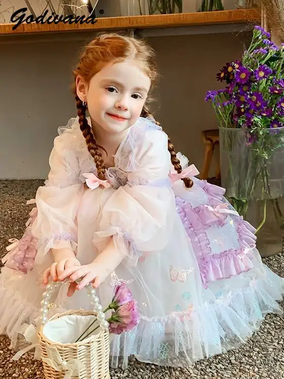 Sweet Baby Girls 2026 Spring and Autumn Lolita Princess Tutu Dress Toddler Kids Long Sleeve Tulle Sequin Butterfly Birthday Gown