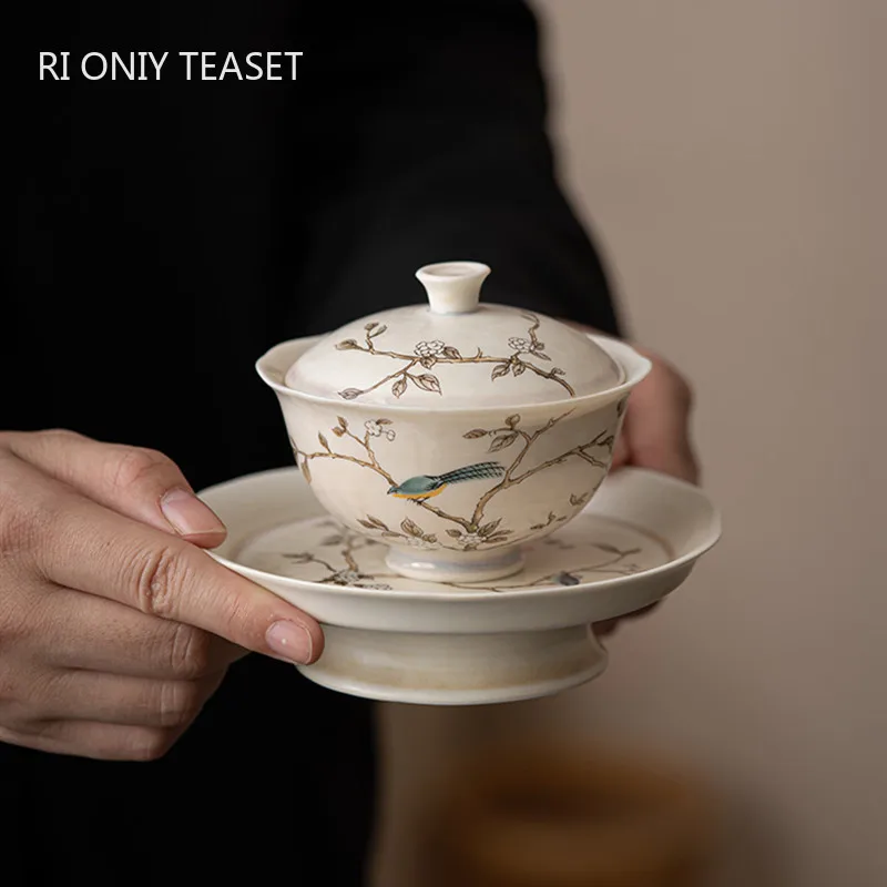 100ml Chinese Hand-painted Flowers and Birds Ceramic Gaiwan Handmade Porcelain Teacup Household Tea Bowl Travel Portable Tea Set