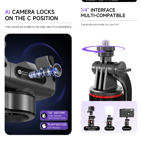 Imagen 2 del producto Estabilizador de cardán de mano con seguimiento facial AI 360 °   Shoot, trípode con palo de Selfie remoto magnético para teléfono inteligente, tornillo de 1/4 pulgadas para cámara