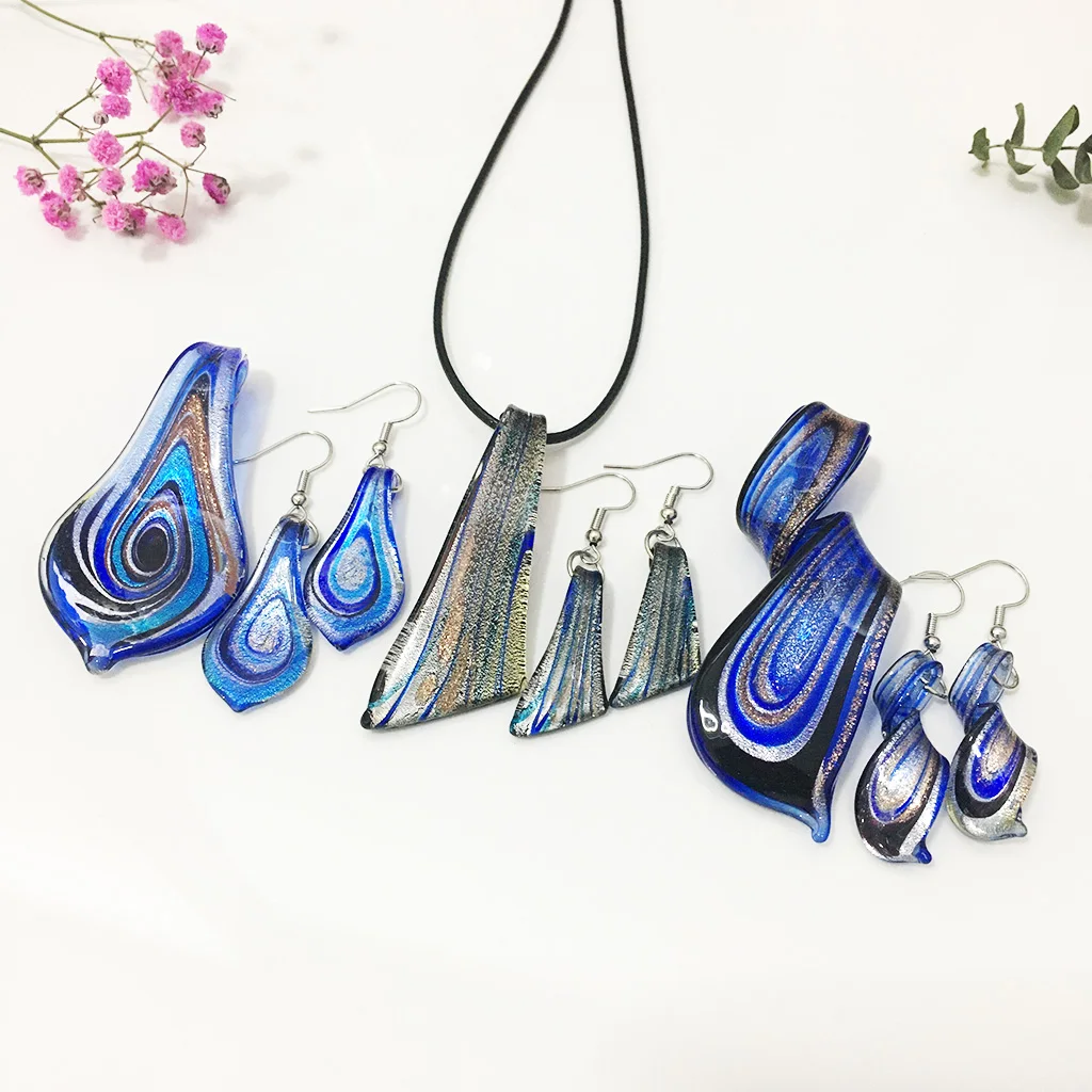 3 Sets Muran Glass Lampwork Pendant Necklace Earrings Dark Blue Knife Leaf Shapes Colored Jewelry For Women Cheap Items