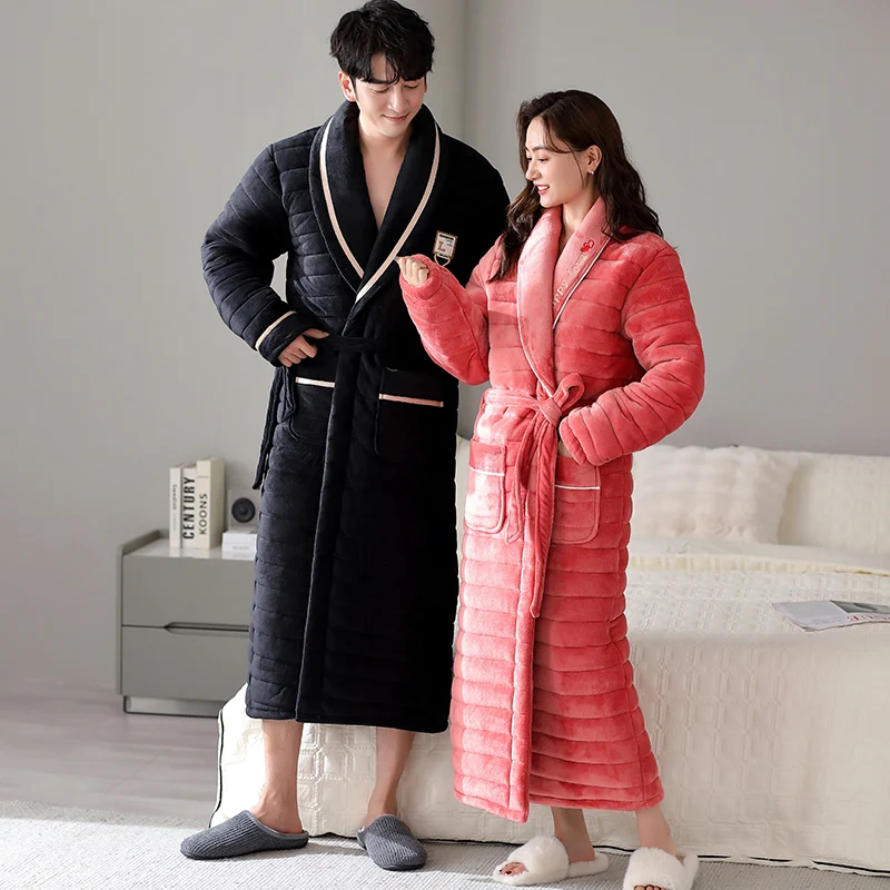 Couple Robe Winter 3 Layer Clip Cotton Bathrobe Thick Pijamas Hombre Robes 3XL