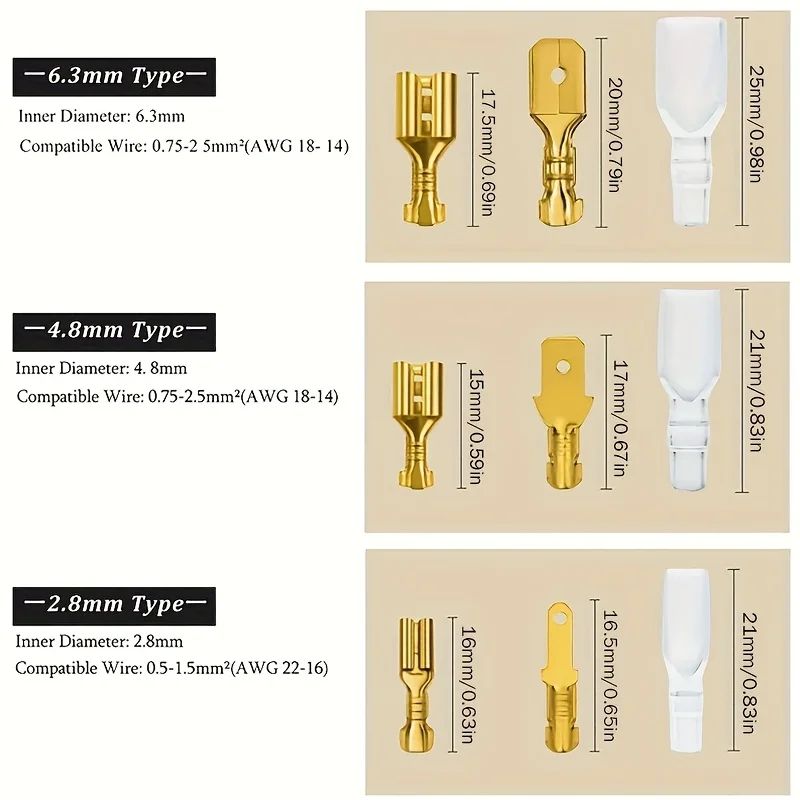 200Pcs 2.8 4.8 6.3mm Female and male Crimp Terminal Connector Golden Car Speaker Electric Wire Connectors Set