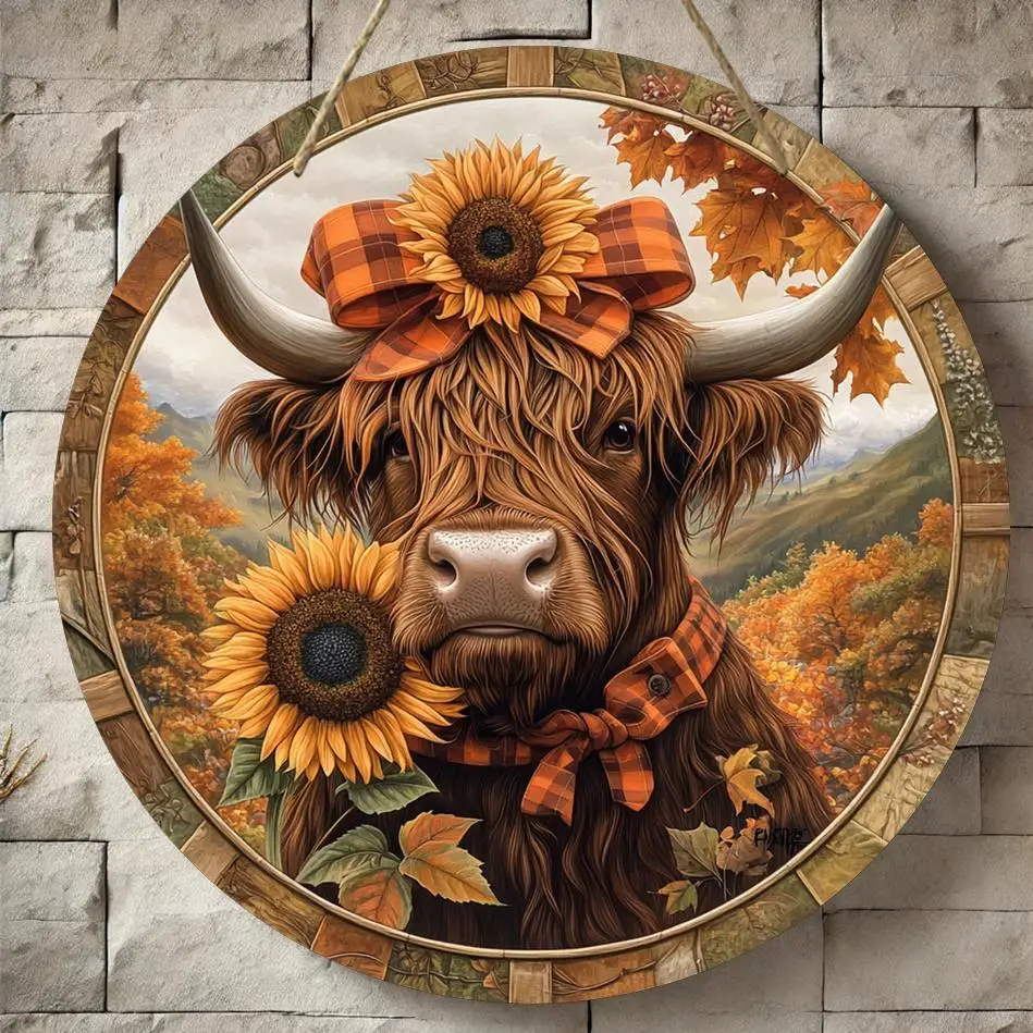 2D Flat - A Circular Wooden Sign Featuring a Highland Cow Theme in 2D, Designed for Wall Art, Perfect for Rustic Cottage Decor.