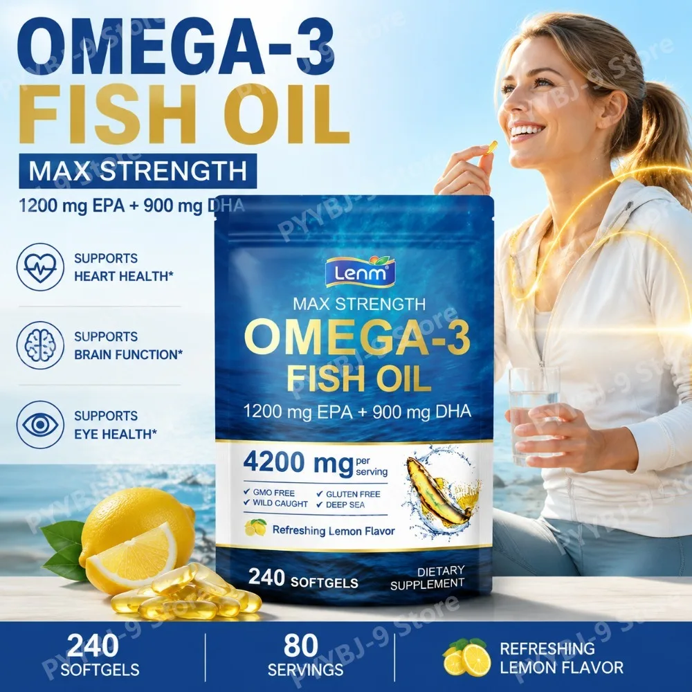 Lenm Omega 3 Fish Oil 4200mg EPA 1200mg DHA 900mg Supports Heart Brain Joint Muscle Vision Natural Lemon Norwegian 240 Softgels