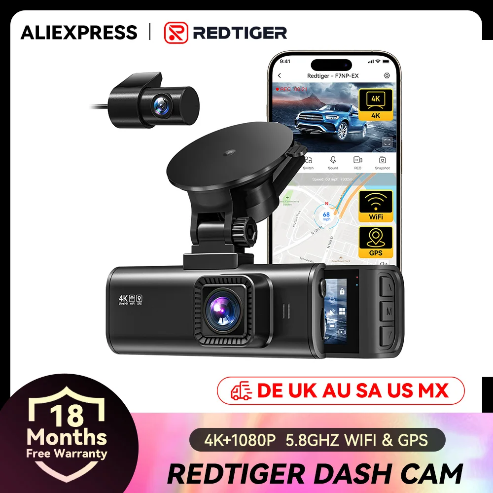 Caméra embarquée REDTIGER F7NP-EX 4K+1080P avec Wifi 5.8GHz intégré et GPS, vision nocturne, enregistreur, contrôle par application, surveillance de stationnement 24h/24