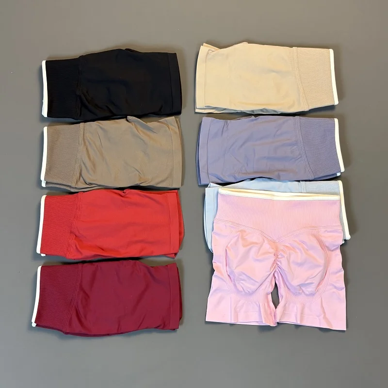 HISTELLO Sports Shorts Ribbed Waistband Color Block Tummy Control Butt Lifting Seamless Yoga Gym Workout Running Shorts