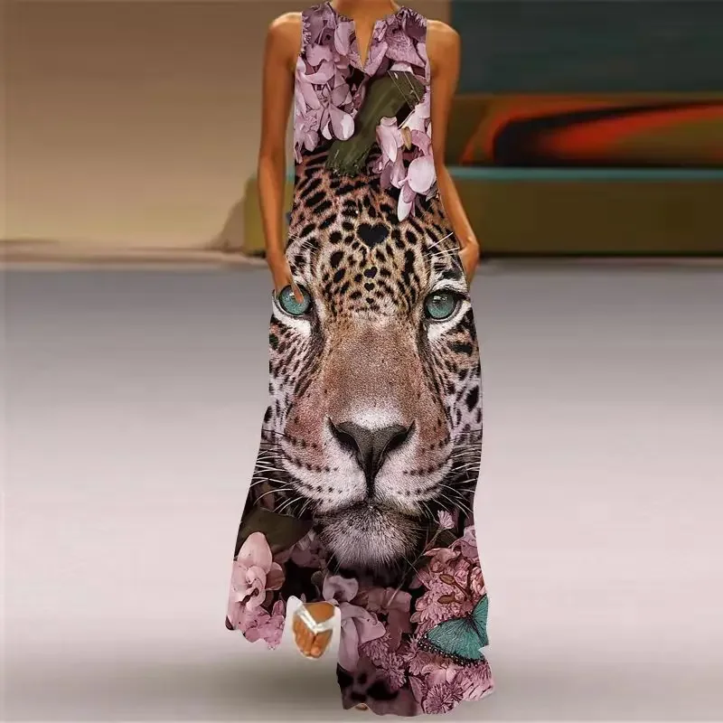 Vintage Printed Boho Maxi Dresses Women Fashion Summer V-Neck Sleeveless Long Dress Party Ladies Elegant Beach A-line Vestidos