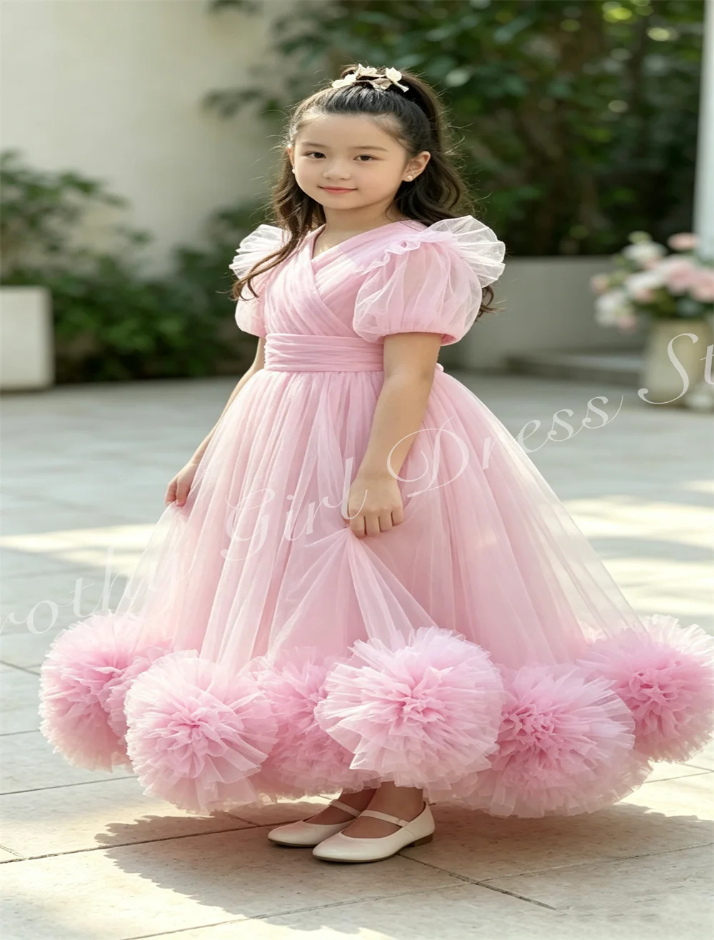 Pink Mesh Flower Girl Dress for Weddings Short Sleeve Floor-Length Kids' Birthday Party Dress Event Photography Customizable