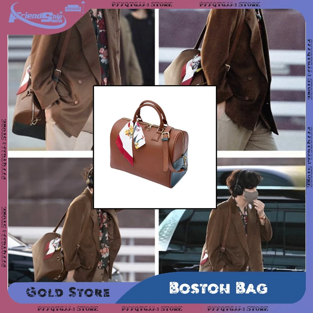 

KPOP Boys Boston Bag Unisex Mute Crossbody Bags V Design Handbag Large Capacity Shoulder Bags with Silk Scarf PU Boston Bag