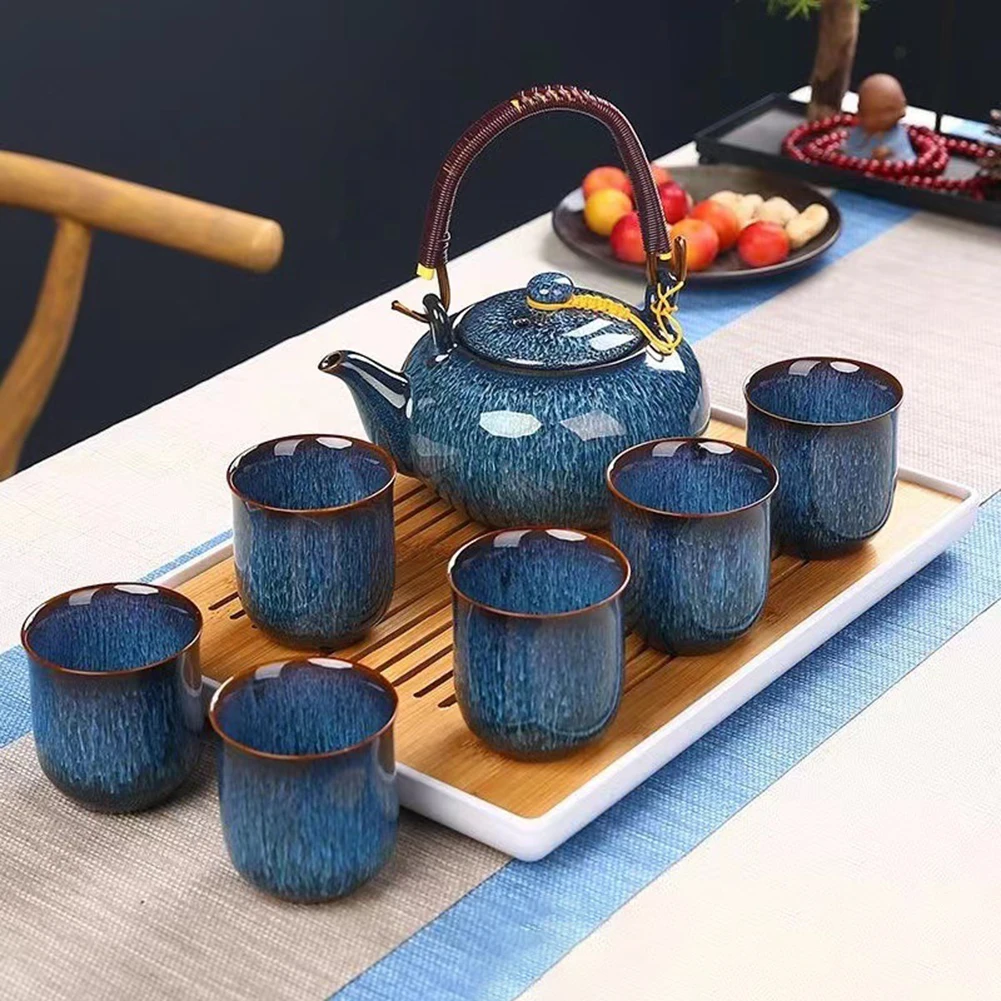 Ceramic Kungfu Tea Set With 6 Cups,Japanese Tea Ceremony Kit,Premium Ceramic Craftsmanship Teapot,For Cozy Home Tea Time
