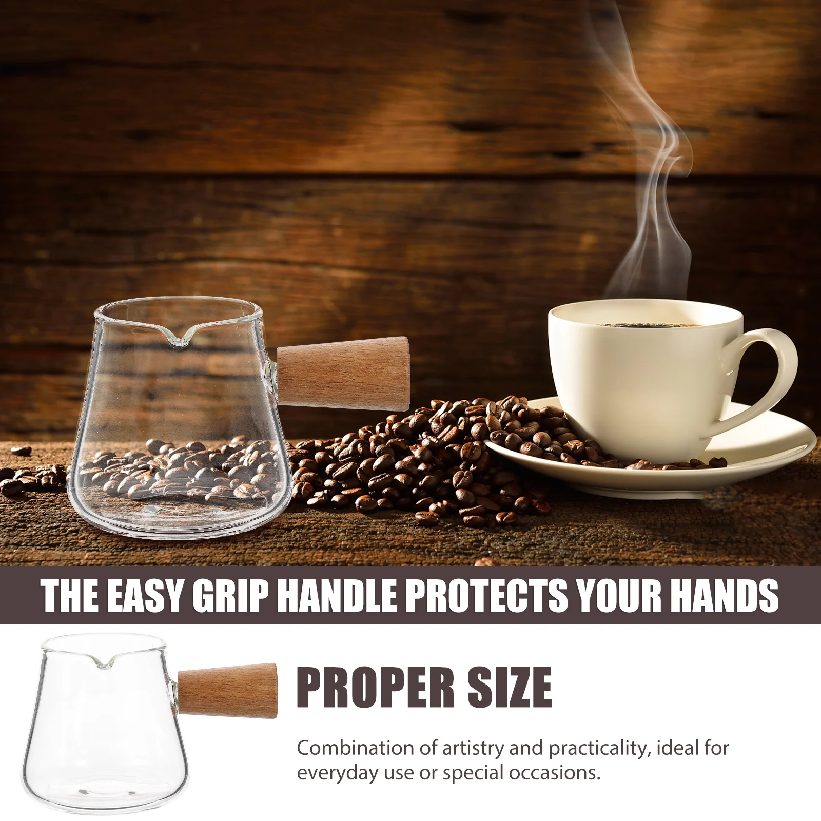 Wooden Handle Glass Creamer Pitcher Milk Jug Heat Resistant Coffee Measuring Cup Frother Small Glass Pitcher For Coffee Lovers