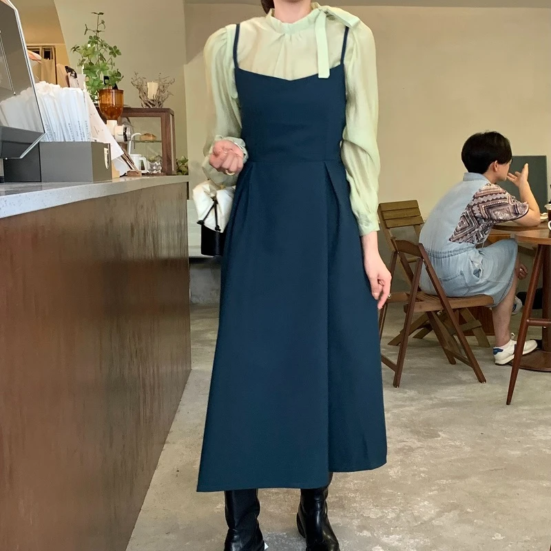 Women's Vintage Spaghetti Strap Dress Set Stand Collar Blouse Backless Square Collar Tank Dresses Korean Style