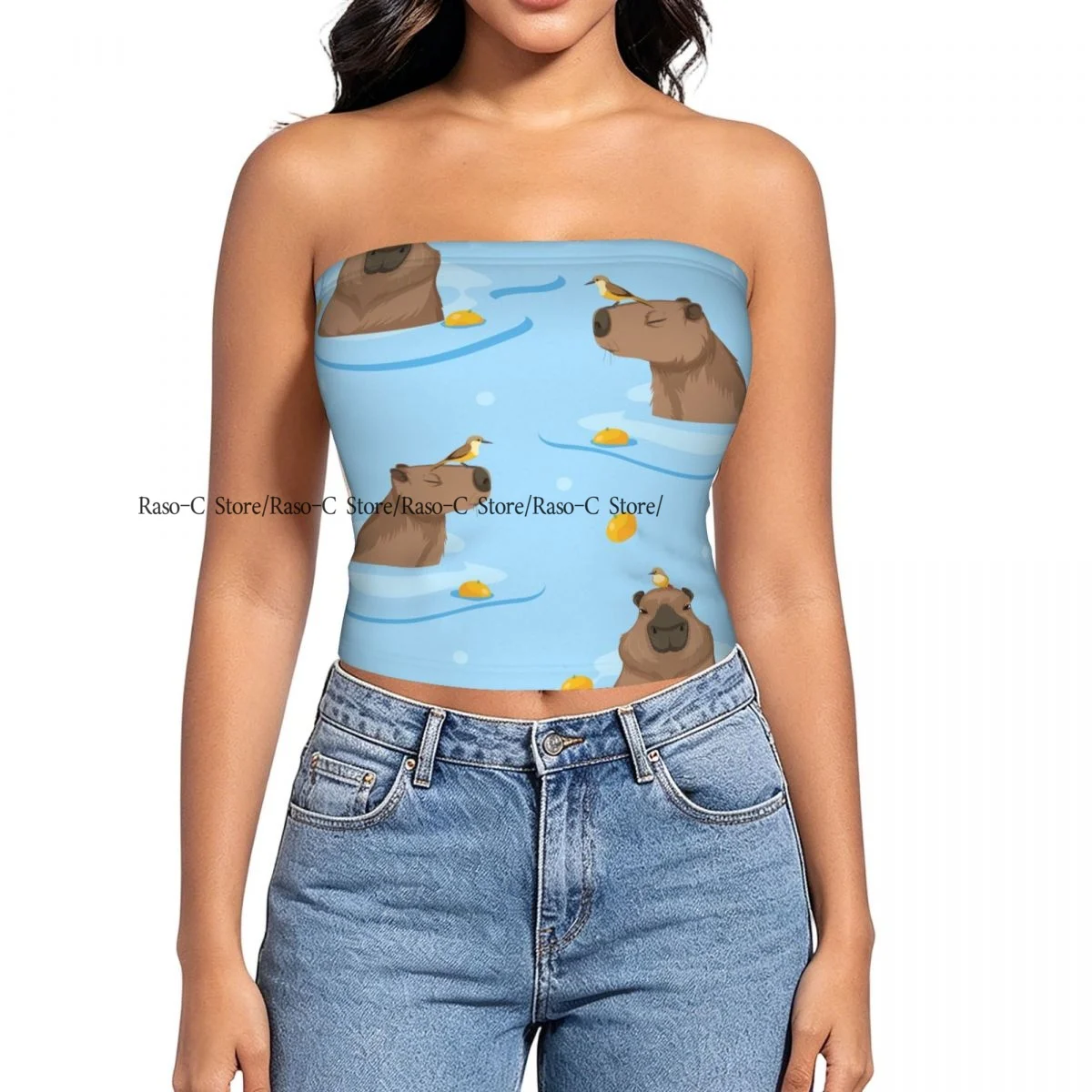 Women Block Crop Slim Tube Top Cute Capybara Oranges Sea Swimming Strapless Top For Summer Female Clothing