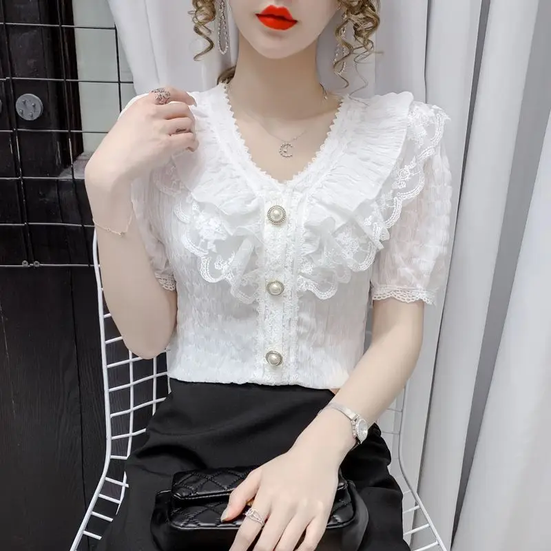 2024 Spring Autumn New Korean Edition Hollow Out Elegant Shirt for Women Long Sleeved V-neck Lace Ruffle Edge Chiffon Top