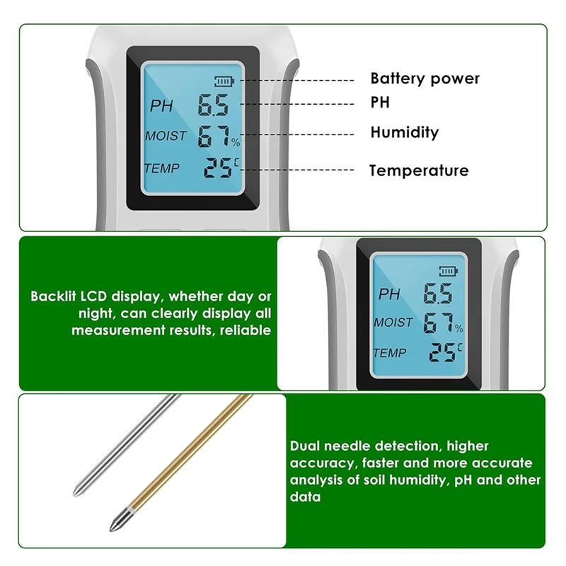 A64Z 3In1 Soil PH Meter PH Tester Withbacklit LCD Forplants Dual Probe Digital Soil Meter Forlawn