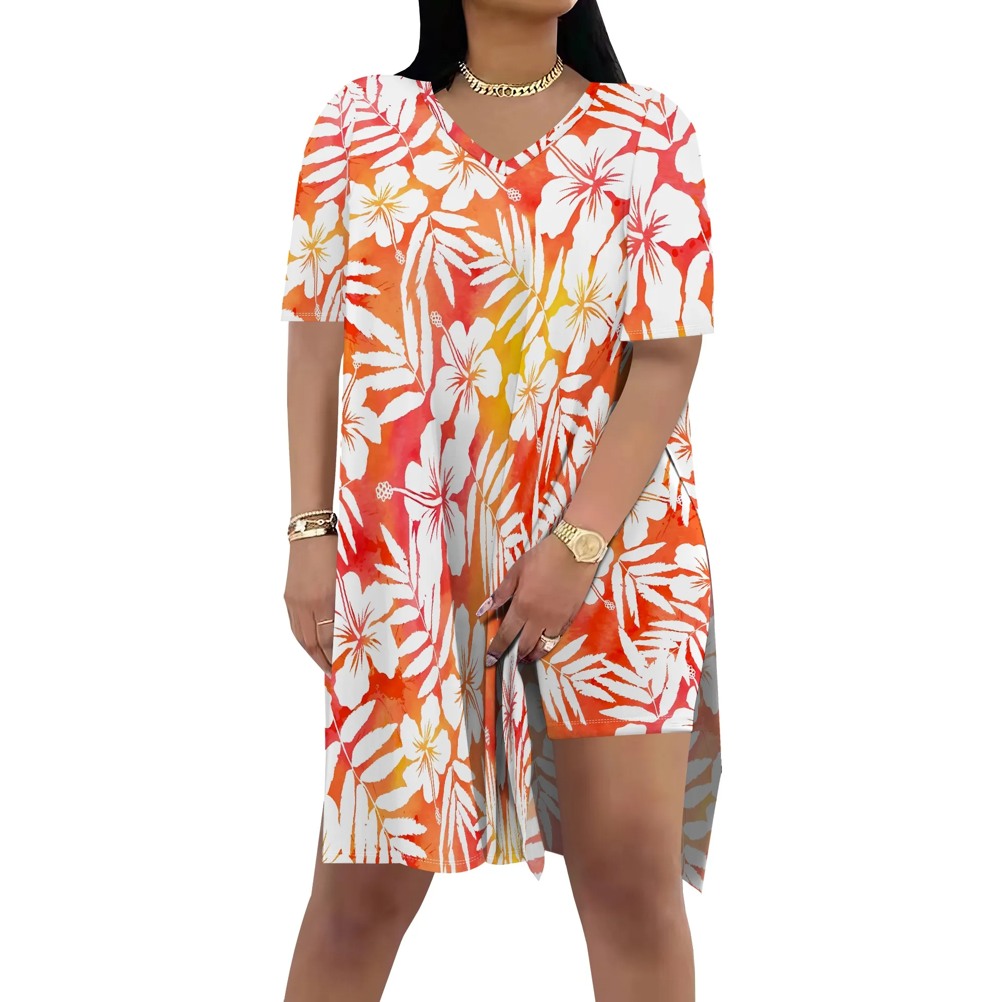 Nupusa ชุดเดรสพิมพ์ลายดอกไม้เขตร้อนสําหรับผู้หญิงฤดูร้อนลําลองคอวีแขนสั้นชุด