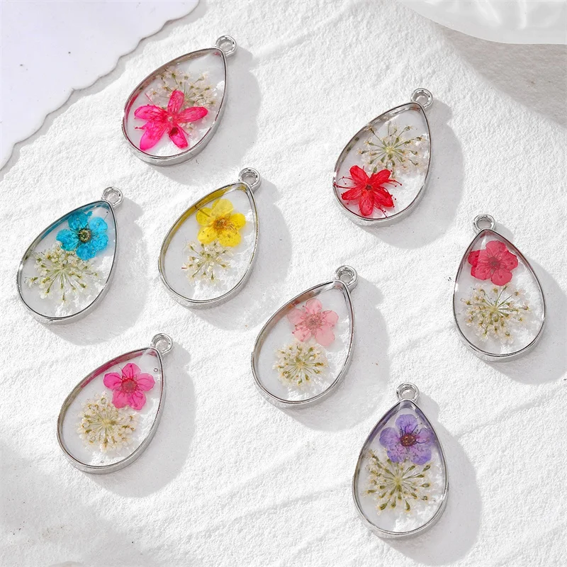 أحدث 30 قطعة/الوحدة اللون الطبيعي المجففة زهرة الأساسية الهندسة قطرة الماء شكل سبيكة العائمة المدلاة الخرز diy مجوهرات الإكسسوار #1