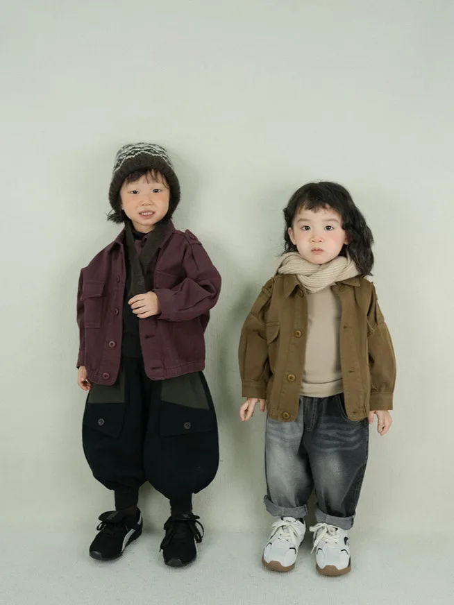 2025 Autumn New Children Long Sleeve Casual Lapel Jacket Vintage Boys Loose Pocket Coat Cotton Baby Cargo Jacket Kids Clothes