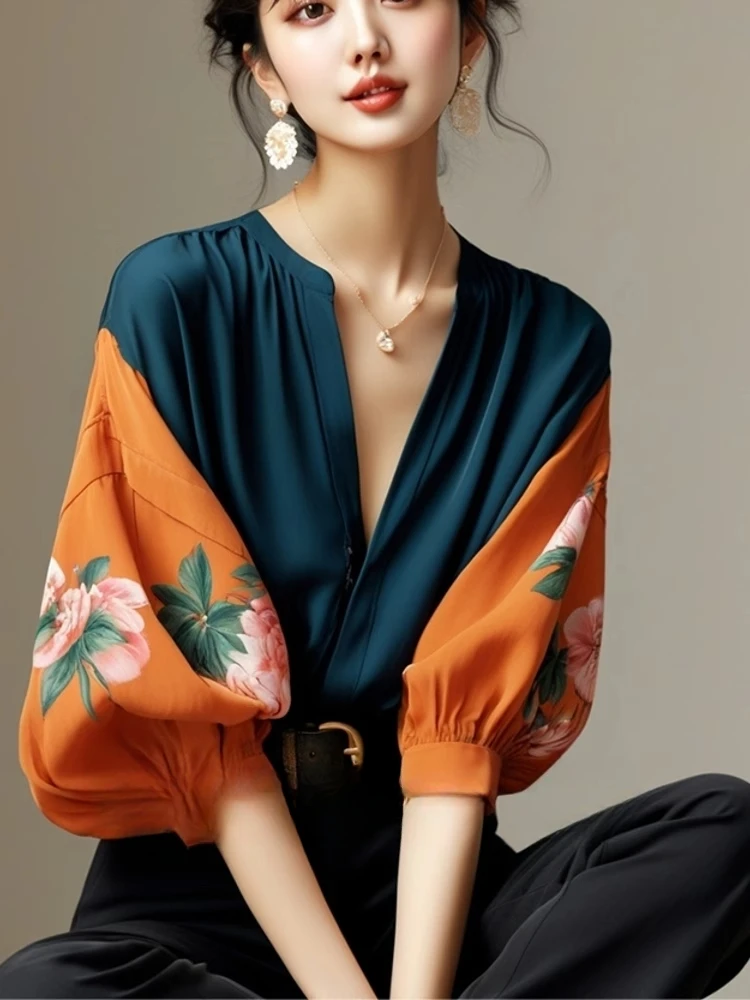French Vintage Blouses V Neck Lantern Sleeve Flower Print Contrast Color Summer Shirts Loose Elegant Design 2025 Women Clothing