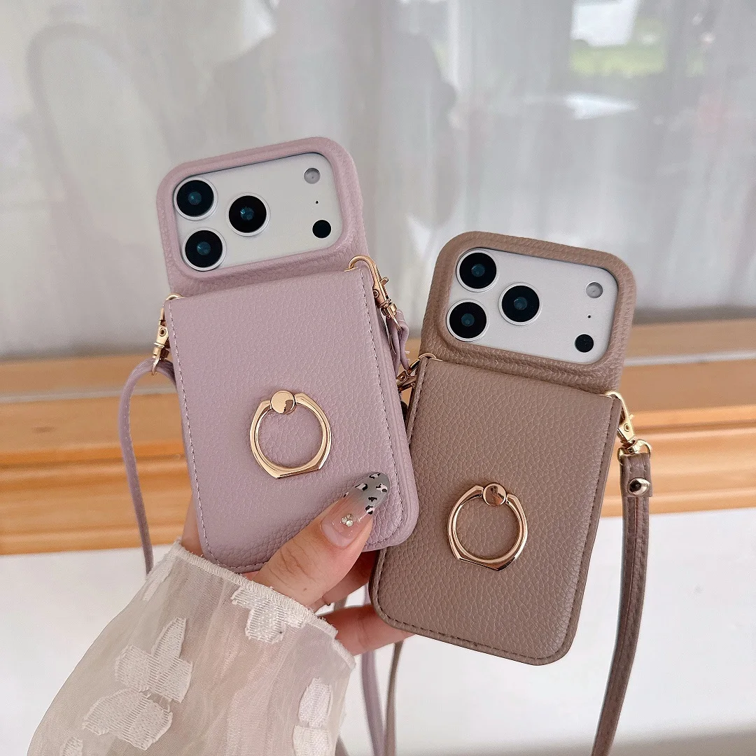 

Leather Crossbody Strap Card Slot Wallet Case for iPhone 11/12/13/14/15/16/17/Pro Max plus with Mirror Makeup Cover Ring Stand