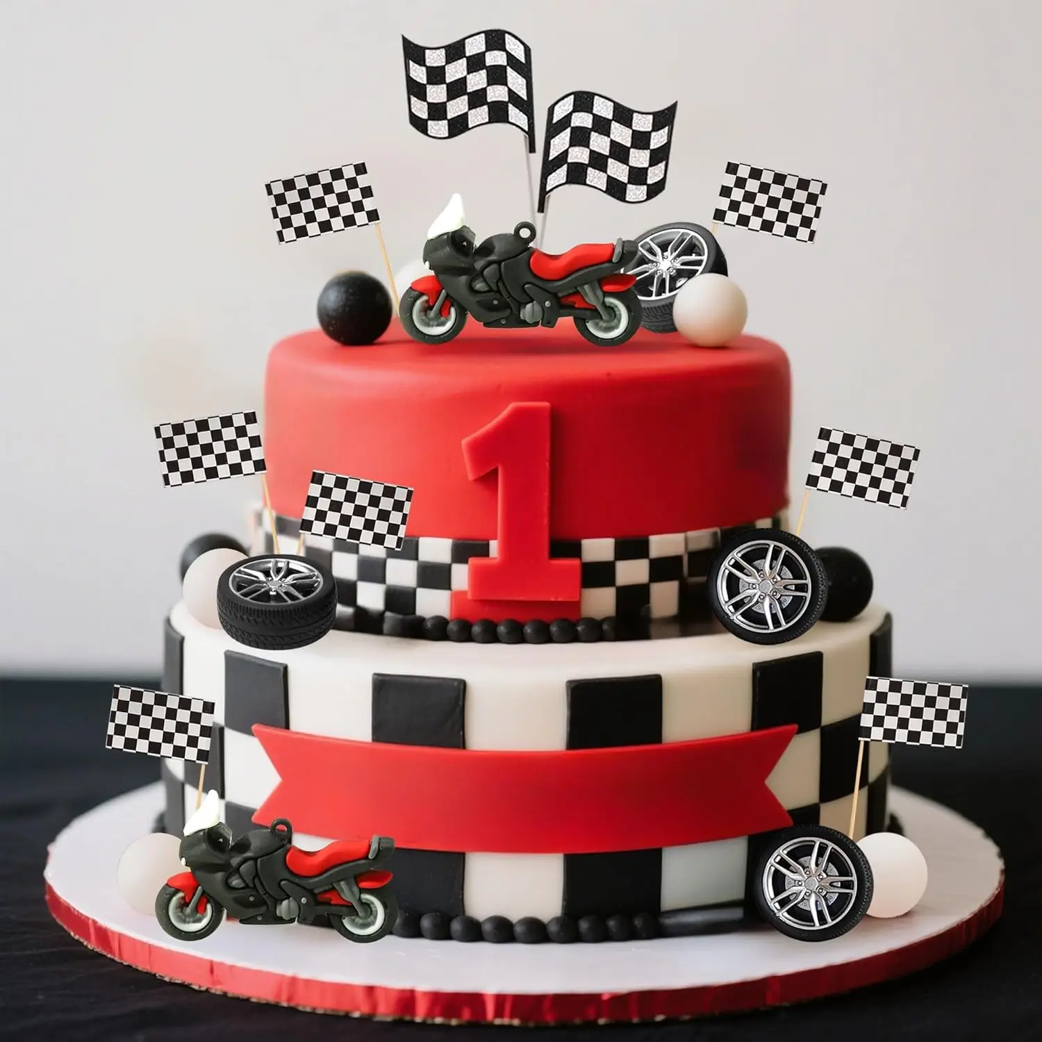 23-teiliges Motorrad-Kuchendekorations-Set, Mini-Motorrad-Reifen Schachbrettmuster-Flaggen, Rennthema-Kuchendeko für Motocross-Geburtstag – Detail 5