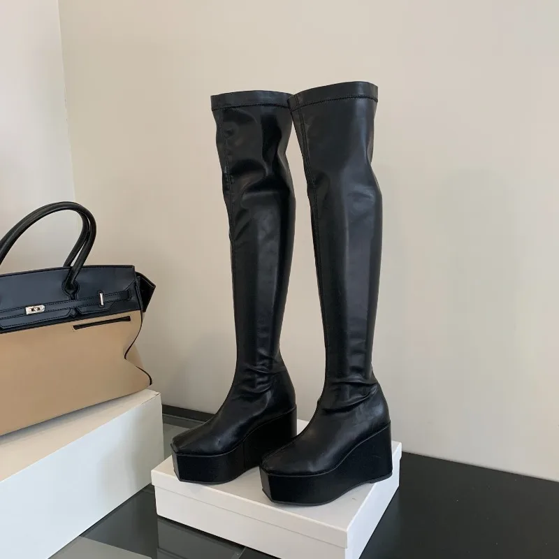 

Ins Hot Spice Girl Thick Bottom Over The Knee Boots Women Chunky Platform High Heel Stretch Boots All Match Fashion Botas Mujer
