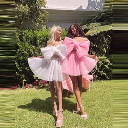 Lovely Two Pieces Big Bow Party Dresses Mini Length Women Tutu Prom Dress With Straps Custom Made Sexy Tulle Cocktail Dress