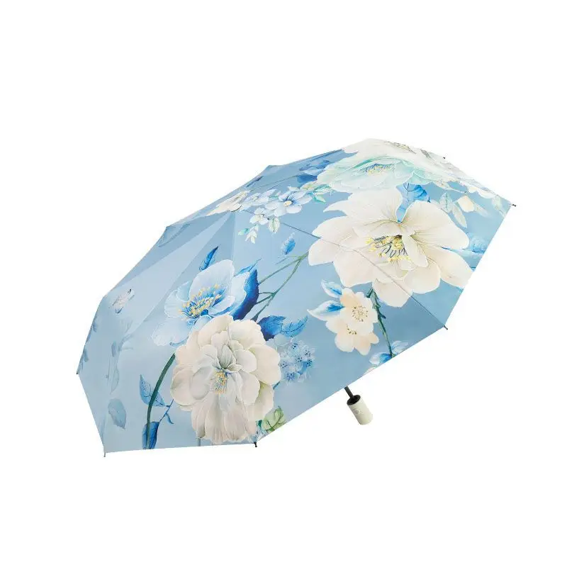 Triple Fold Umbrella Black Glue Chinese Style Peony Sun Protection Umbrella Anti UV Clear Umbrella Sun Umbrella Folding Umbrella