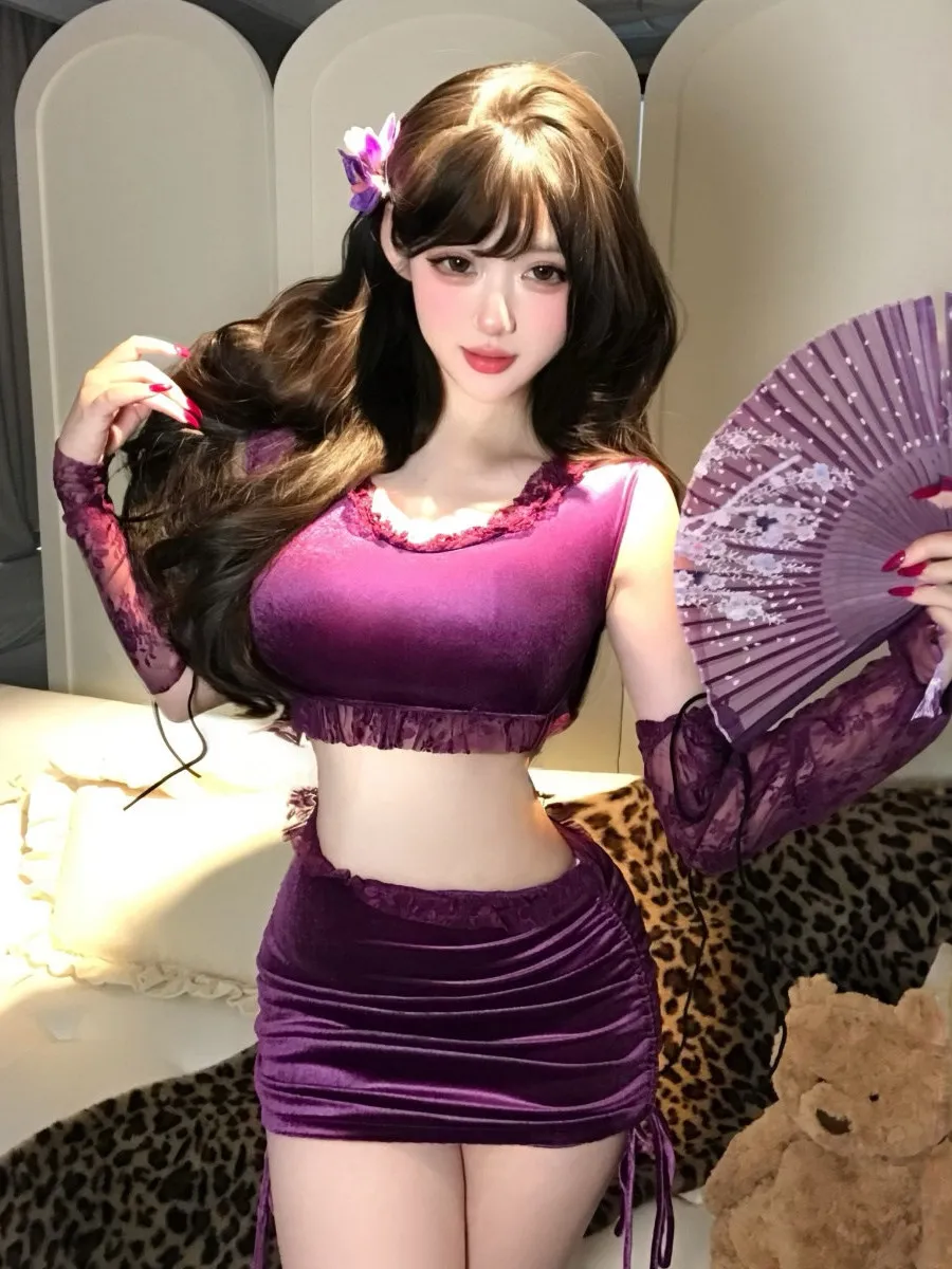 Sexy Lace Velvet Backless Hollow out Nightclub Dancing Skirt Uniform Set High Waist Short Style Breathable Polyester Fabric