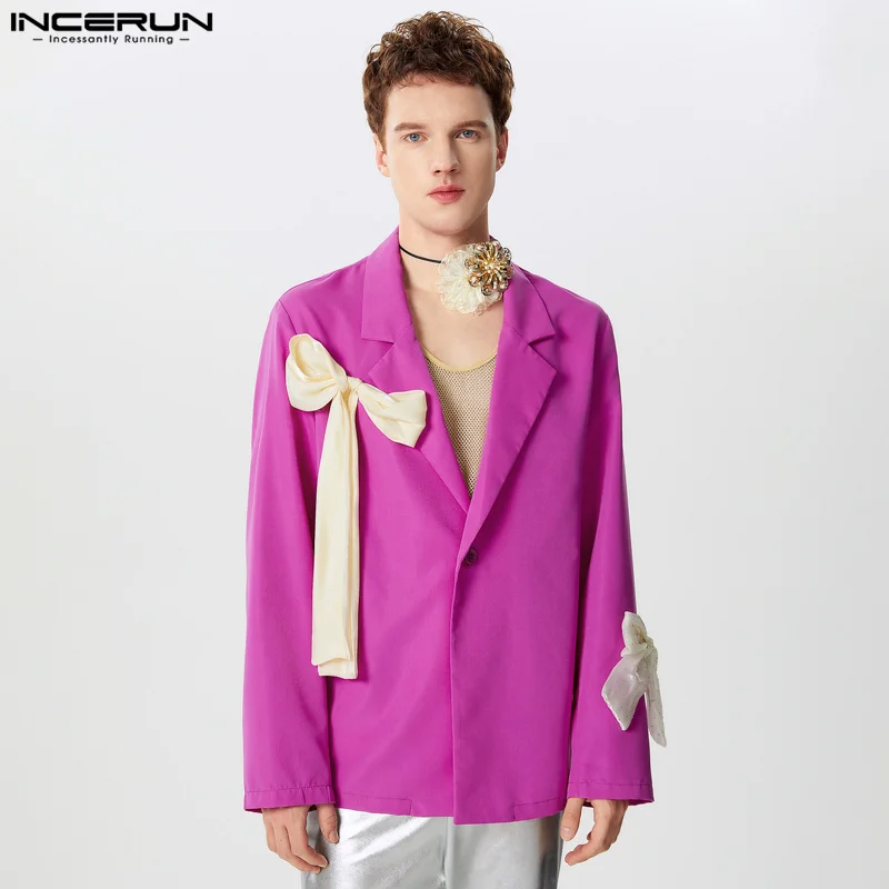 INCERUN Tops 2024 American Style New Men's Bow Contrast Color Suit Coats Casual Streetwear Male Solid Long Sleeved Blazer S-5XL