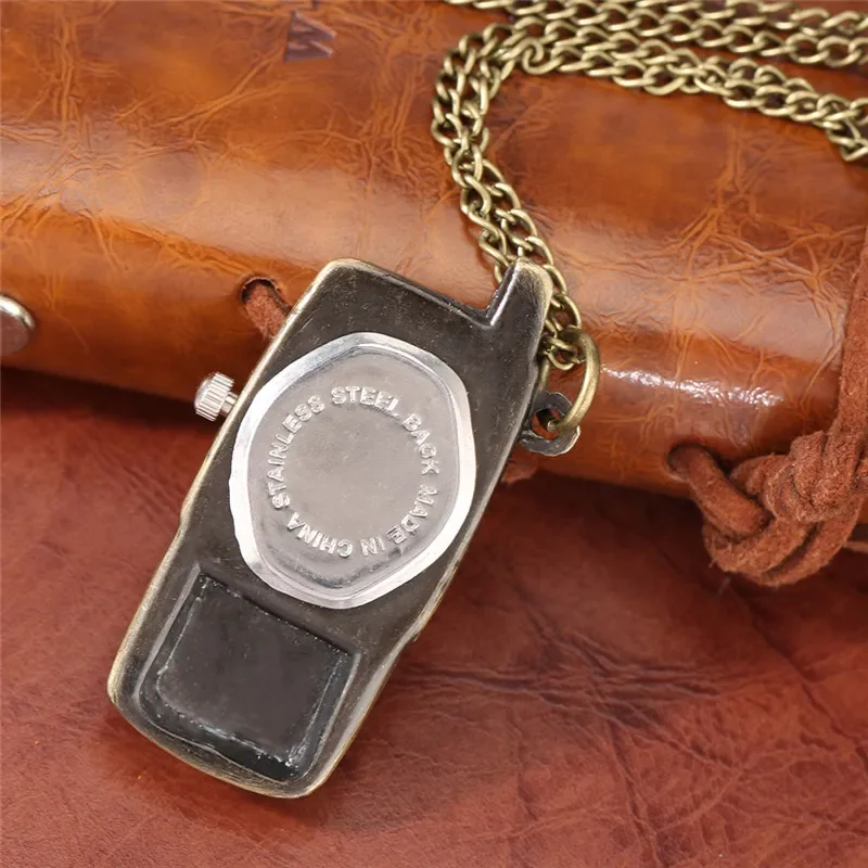 Bronze Mobile Phone Shape Men Women Quartz Pocket Watch Pendant Necklace Chain Small Size Timepice Arabic Number Clock